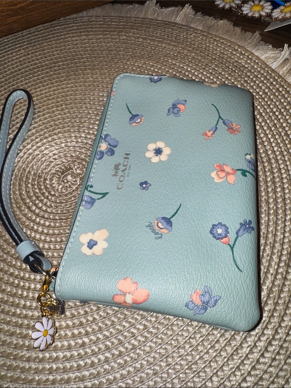COACH Mint Floral Leather Wristlet with Charm - Picture 7 of 7